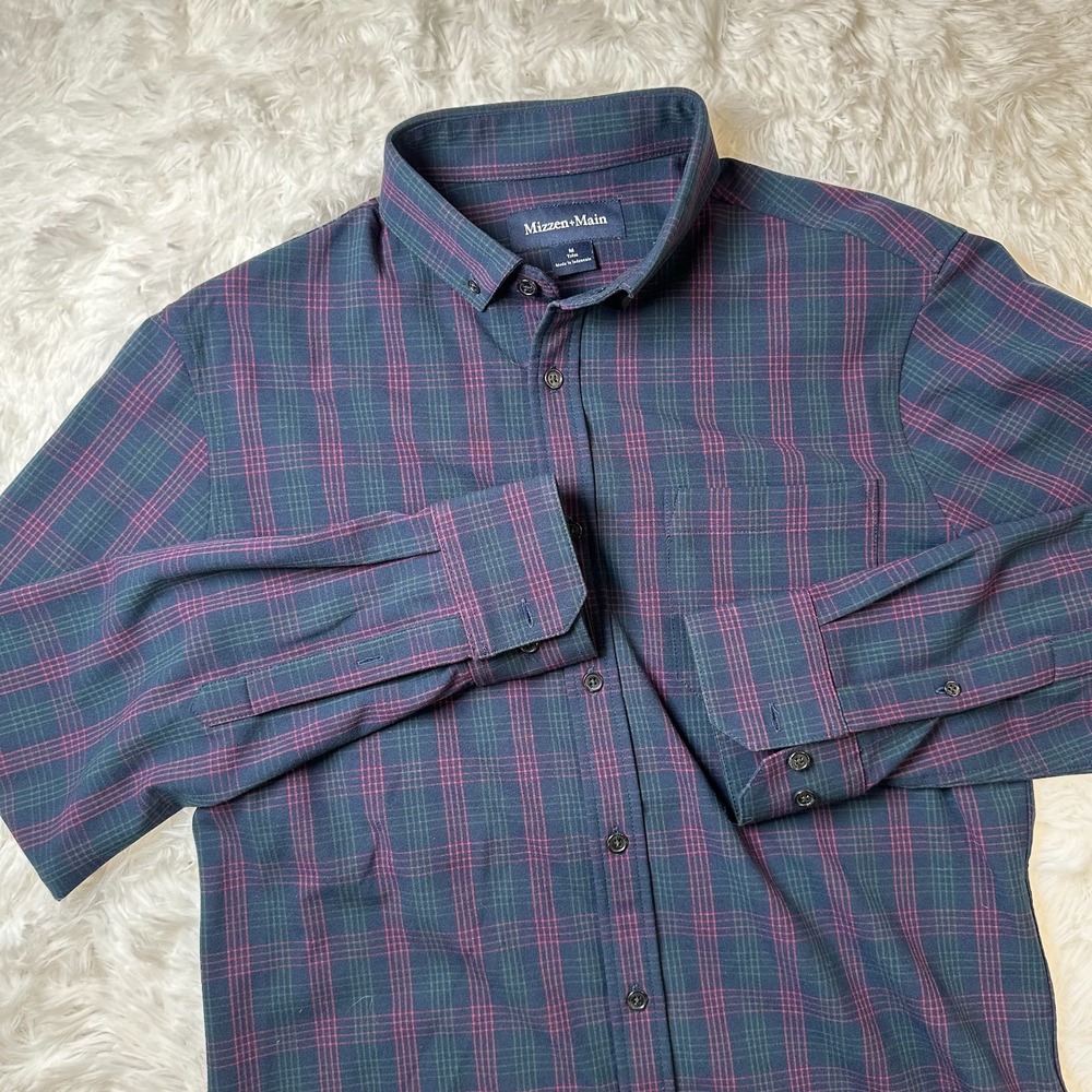 Mizzen+Main Broadway City Flannel Shirt Mens M Trim Fit Navy Blue Red Plaid